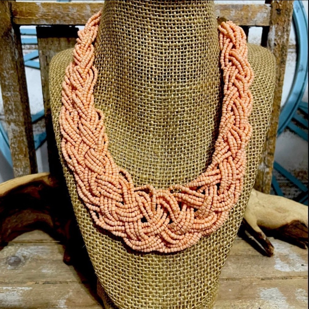 Women's Peach Large Braided Seed Beads Statement Adjustable Necklace NEW